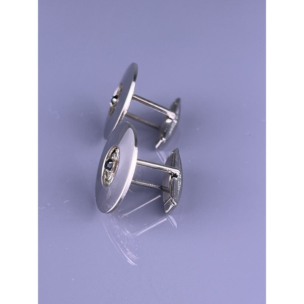 Round Black Glass Cufflinks Silver Tone Wheel Spokes Polished Finish Vintage - Picture 4 of 6